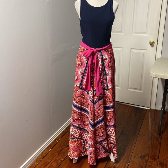 ELIZA J Paisley Scarf Print Belted Maxi Dress Size 6 Navy Pink Jersey Summer Fun - Picture 9 of 9